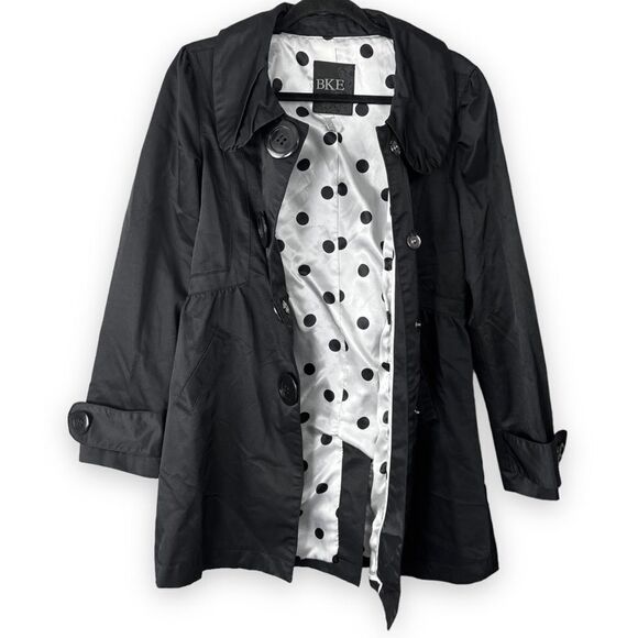 Buckle BKE Trench Jacket S Small Womens Black Oversized Button Polka Dot Lining - Picture 2 of 12